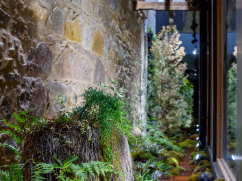 Internal planted courtyard between heritage stone walls at Wharfstone Hotel